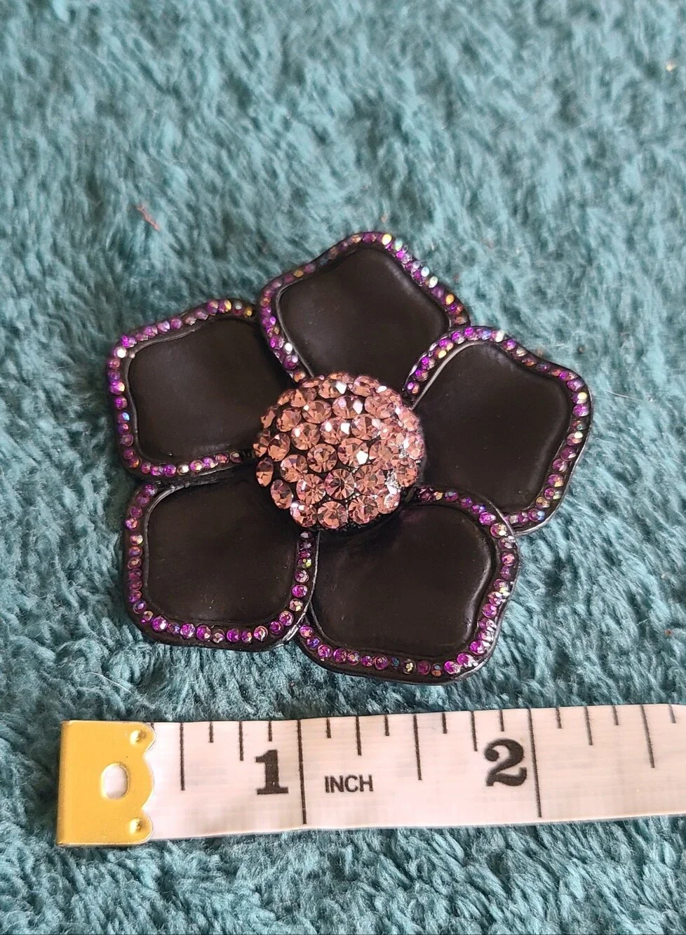 Black Flower Brooch with Purple Crystal Trim and Pink Center - Women's Jewelry